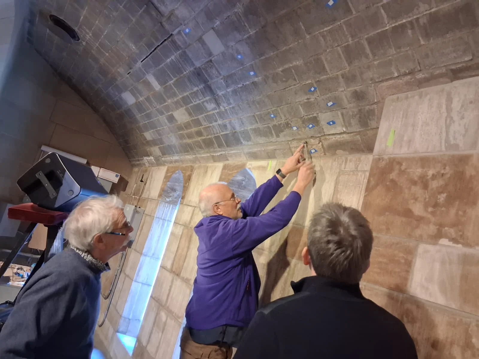 Field team marking reference locations on the Saint Thomas Guastavino vault